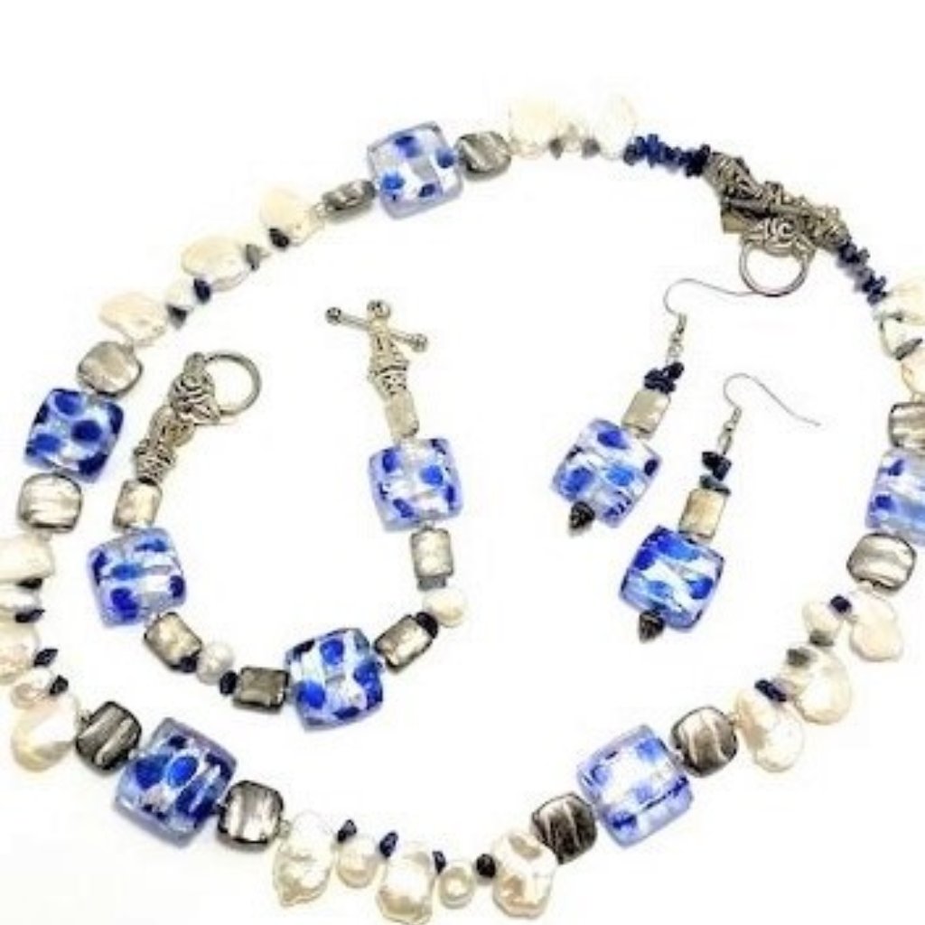 Handmade Jewelry Set By Surdigirl - Fancy Glass, Lapis, Pearl